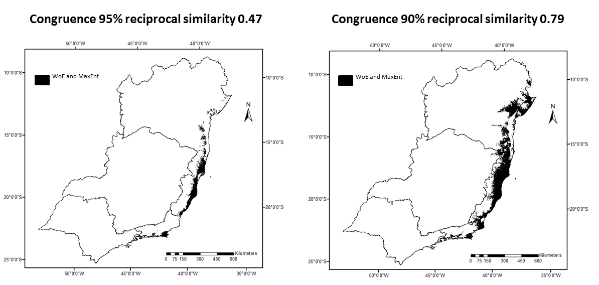 Figure 02: Congruence and divergence maps comparing Maximum Entropy and Weights of Evidence methods + similarity index.