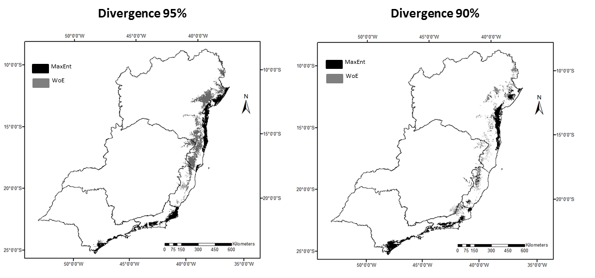 Figure 02: Congruence and divergence maps comparing Maximum Entropy and Weights of Evidence methods + similarity index.