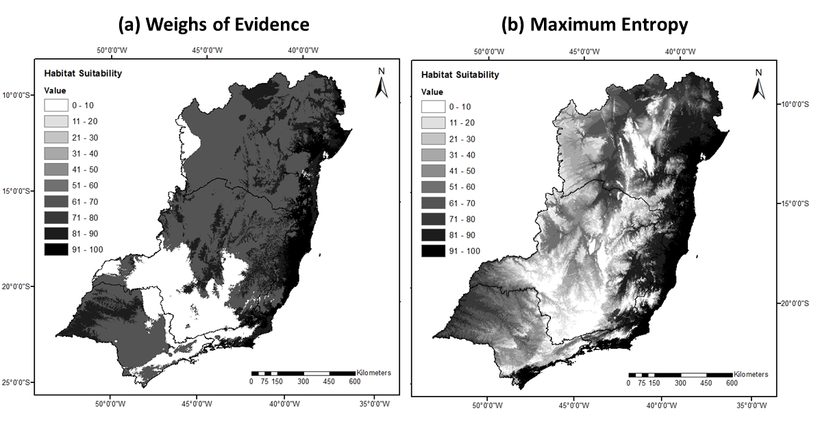  Figure 01: Suitability maps: (a) Weights of Evidence, (b) Maximum Entropy. Both the gradients were normalized to 0:100 range.